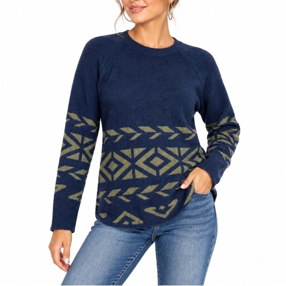 Title Nine Sweater Womens Small Navy Blue Silk Wool Tribal Geometric Pullover